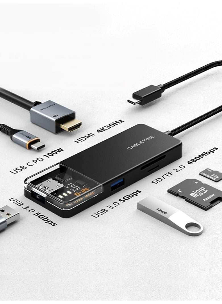 كابل تايم موزع منافذ USB من النوع C متعدد المنافذ 6 في 1 مع منفذ HDMI بدقة 4K وتوصيل طاقة بقدرة 100 واط | 0.2 متر - Image 1